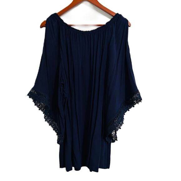 Melissa Paige Woman Top 1X Navy Cold Shoulder Cut Out Lace Feminine Comfy Fairy - Picture 3 of 16